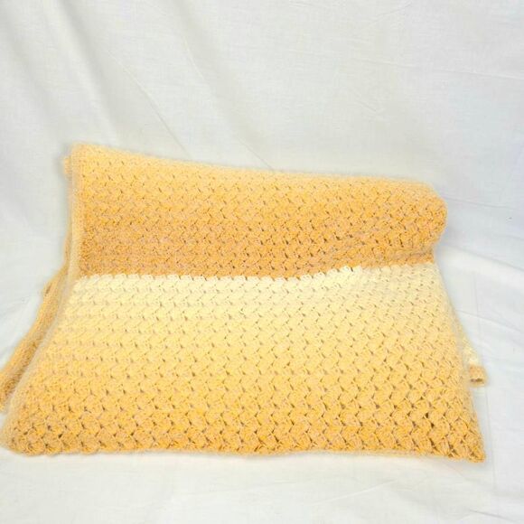 Handmade Crochet Afghan Blanket Striped Yellow Tan Cream 56x74 - Picture 1 of 4